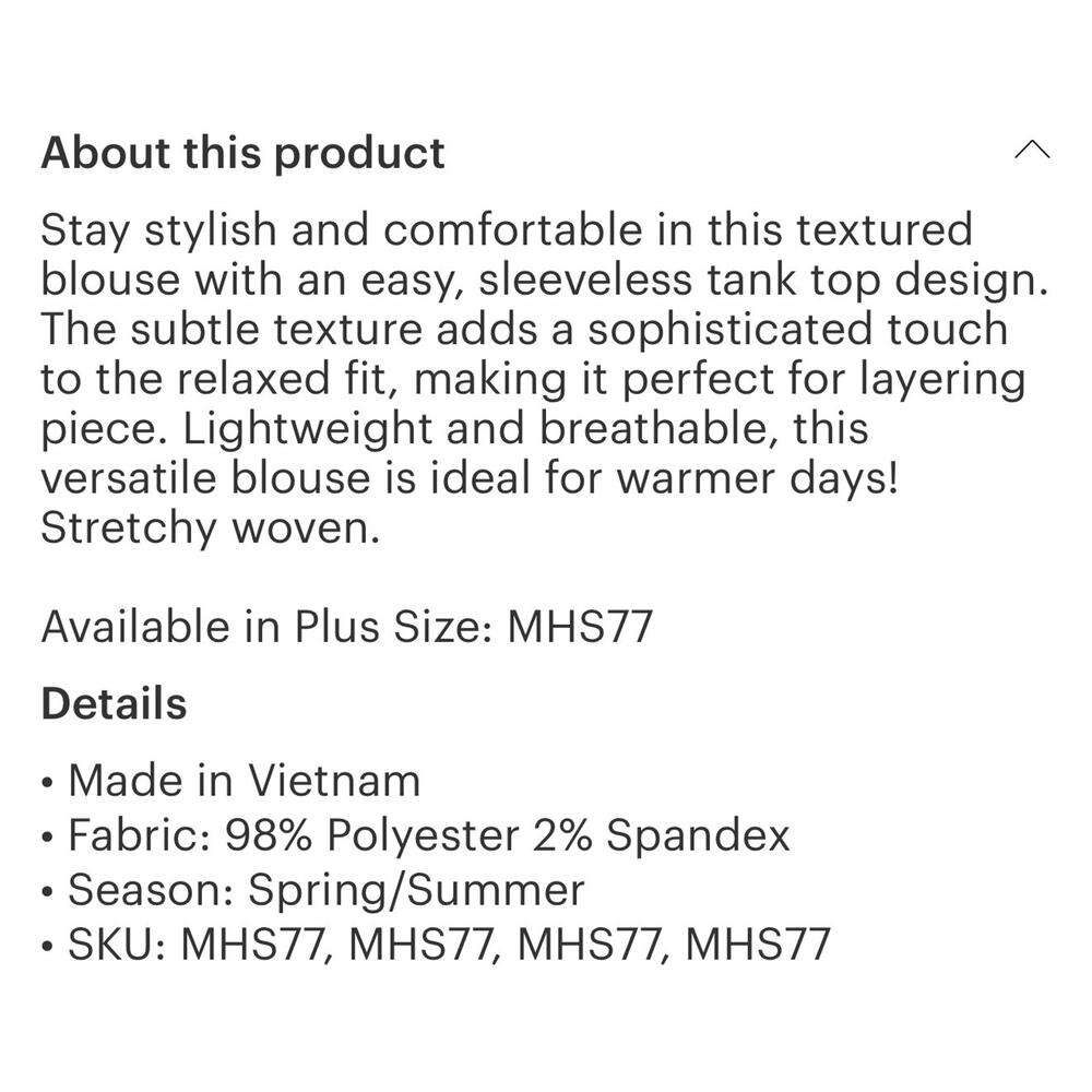 Andree by UNIT -  Textured Sleeveless Tank Blouse - Medium - Picture 4 of 4